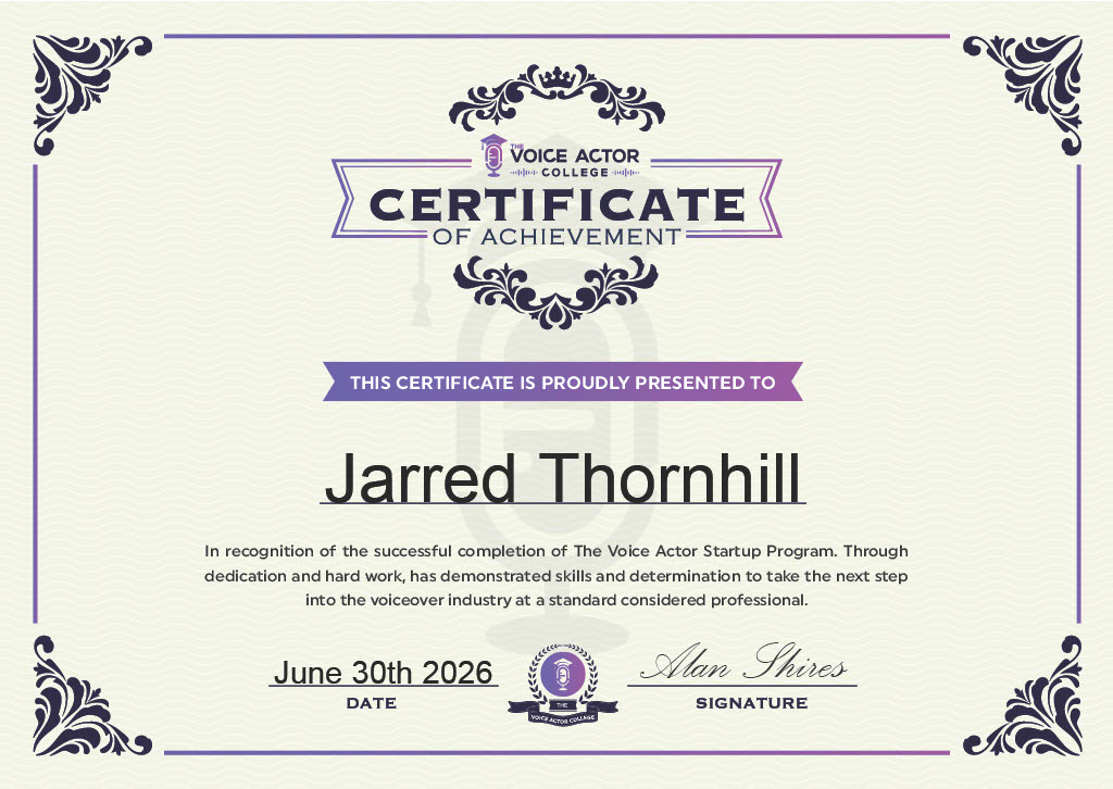A photo of Jarred thornhill's voice acting certification